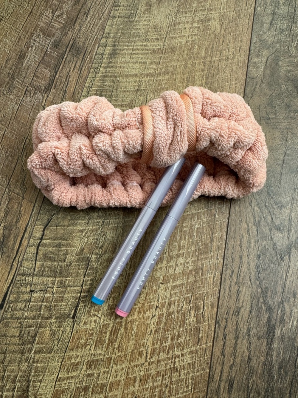 Fenty Beauty Peach Plush Hair Wrap with Pink & Blue Makeup Pens
